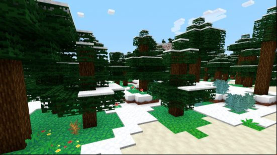 Snow topped spruce trees stand atop bright green grass with colorful flowers embedded within the surface in the Bloom Minecraft texture pack.