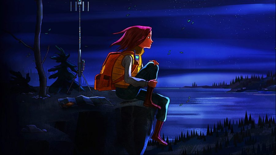 RIley, the protagonist of Oxenfree 2, sits on a cliff edge overlooking the ocean at night, Edwards Island barely visible on the horizon.