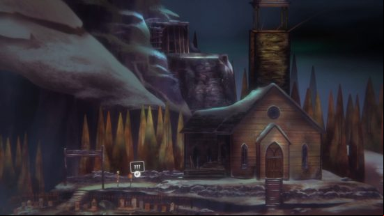 Jacob and Riley stand close to a dilapidated church, its roof weighed down by snow, near one of the Oxenfree 2 letter locations.