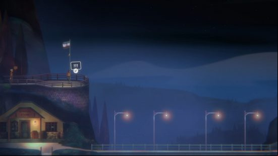 Jacob and Riley stand at a lookout point that features a flag flapping in the sea breeze, near one of the Oxenfree 2 letter locations.