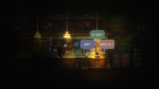 Oxenfree 2 review: Riley sits at a dingy dive bar, the dialogue options expressing her confusion as a shadowy bartender stands nearby, his hands on his hips.