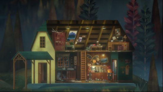 Oxenfree 2 review: Riley and Jacob stand in a rustic ranger's cabin filled with detritus, including a strange cult ritual on the ground between them.