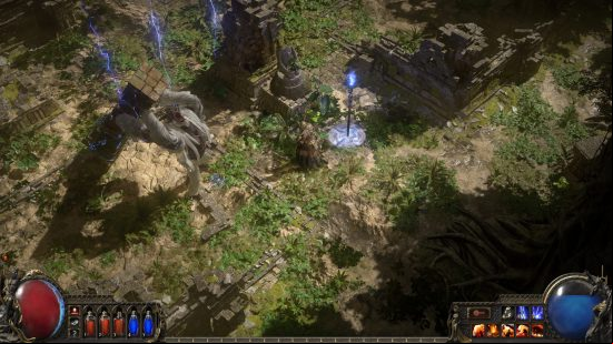 Path of Exile 2 - a Durid and a giant, pillar-hoisting monkey fight in a large field.