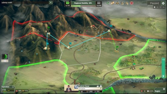 A screenshot from the political game Rebel Inc Escalation.