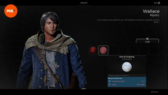 How to reset trait points in Remnant 2: The vendor wallace, and the crafting screen showing the materials required to make the Orb of Undoing.