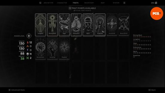 How to reset trait points in Remnant 2: The Traits menu screen, showing a list of traits, both purchased and not.