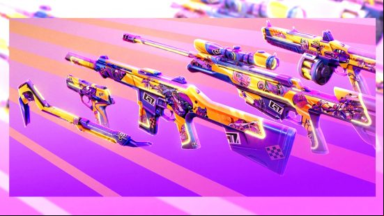 The Valorant Daydreams skin set, with a summery, purple and yellow aesthetic, decorated with flowers.