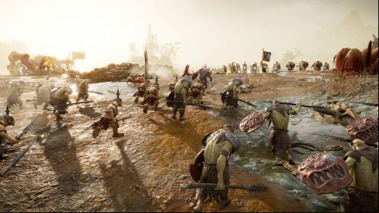 Age of Sigmar: Realms of Ruin preview: Group of Orruk Kruleboyz; ranging from Gutrippaz to Murknob, are charging an objective point toward Stormcast Eternals.