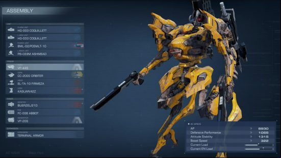 Armored Core 6 legs: a yellow reverse t bipedal mech