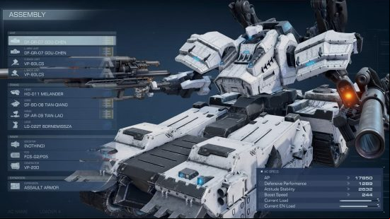 Armored Core 6 leg types: a white tank mech