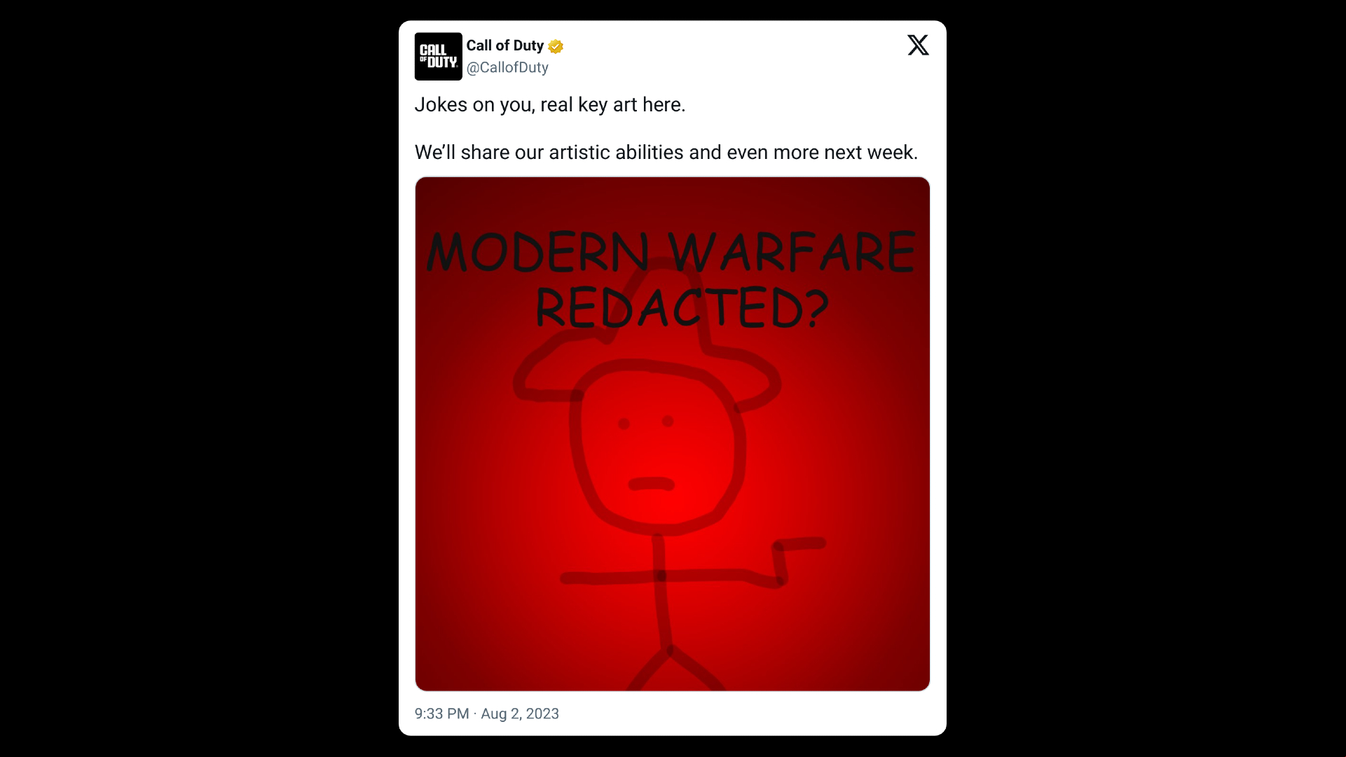 Tweet from Call of Duty's official  poking fun at the leaked Modern Warfare 3 art