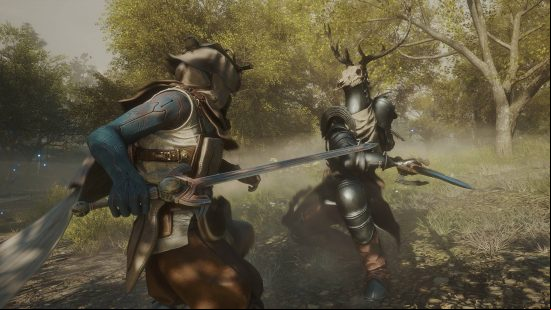 An armored character with a sword fights an enemy with a stag skull for a helmet in a forest clearing