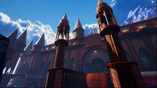 Amid Evil The Black Labyrinth - a giant castle with ornate towers.