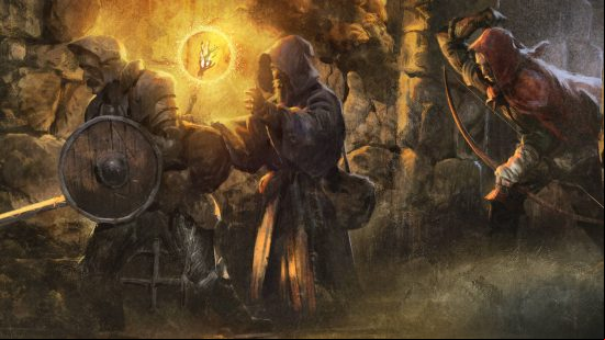 Best Dark and Darker classes - a wizard, ranger, and fighter enter a dark dungeon.