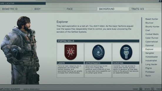 A screenshot showing a created character choosing their best starting skills in Starfield.