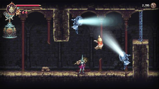 Blasphemous 2 review: The Penitent One stands in an underground tunnel marked by strange mirrors and a bell, which can be manipulated while platforming.