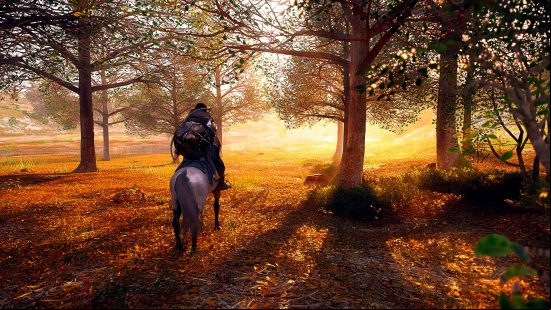 Crimson Desert setting: Kliff rides his horse through trees into a sun-soaked opening.