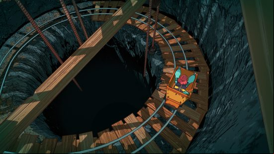 A cartoon image with a ginger woman riding a minecart down a spiral track