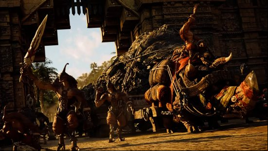 FFXIV Dawntrail release date - a group of Mamool Ja wave and signal as they walk through a city gate.
