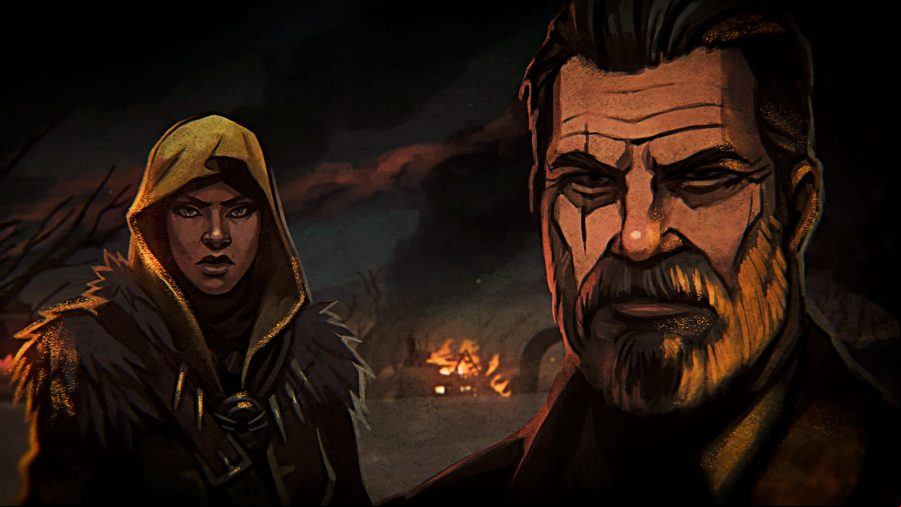 Grim Dawn - Two figures, one in a hood and the other with a beard, stand in front of a burning building.