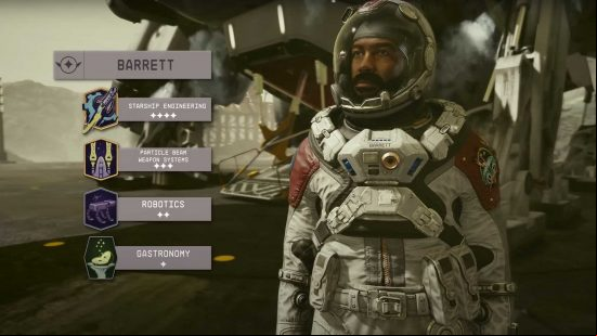 A promotional screenshot showing the Starfield skills the NPC Barrett comes with.