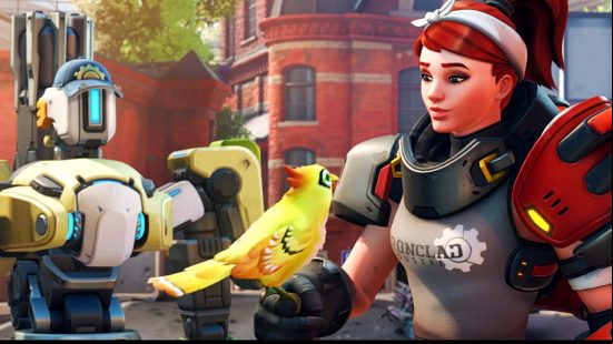 Overwatch 2 Invasion story missions - Bastion looks on as his bird Ganymede perches on Brigitte's hand.