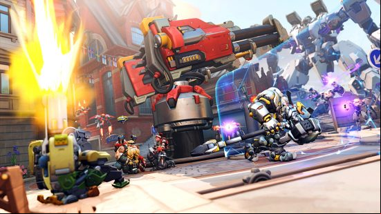 Overwatch 2 Invasion story missions - several heroes fight to defend a giant cannon on the streets of Gothenburg.