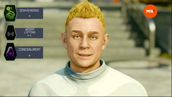 The Adoring Fan is one of the Starfield companions you can recruit, and he has three skills shown on the left.