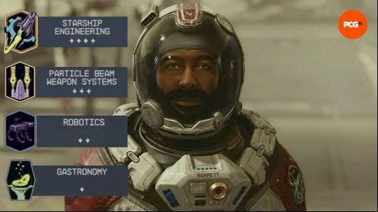 Barrett is one of the Starfield companions and his four skills are shown on the left side of the screen.