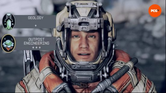 Heller is one of the Starfield companions that you can recruit, and he's wearing a mining spacesuit. His three skills are on the left side of the screen.