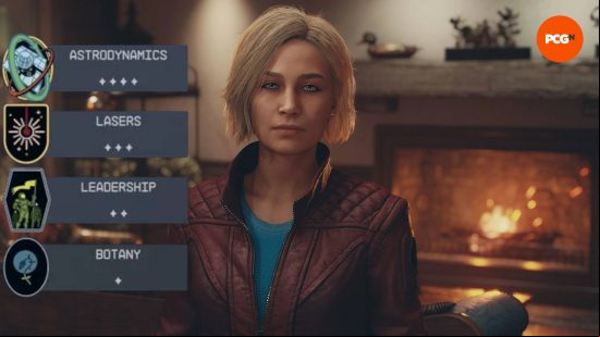 Sarah Morgan is wearing a red jacket and blue t-shirt. She is one of the Starfield companions and has all four skills on her screen.