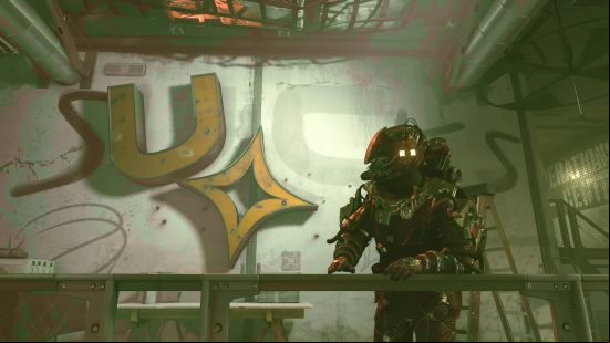 One of the Starfield Crimson Fleet space pirates standing in front of a ruined UC logo with graffiti that turns the logo into the word "sucks".