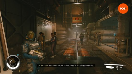 The industrial interior environments of Starfield's Cydonia, where gaggles of people crowd around above an accident record sign, watched over by a UC Security guard.