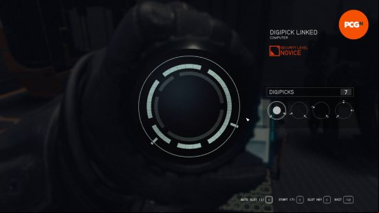 The player is using the digipick to hack into a computer. None of the pips have been filled in, but there are four possible combinations for each of the two circles shown.