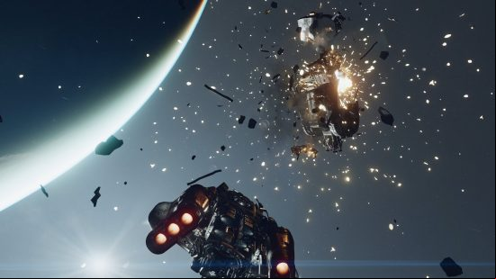 Two spaceships dogfighting in space next to a huge planet as one destroys the other