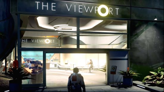 Starfield Marika Boros sits in the entrance to The Viewport in New Atlantis.