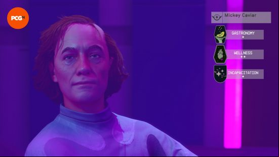 Mickey Caviar, a balding, self-professed celebrity chef as he appears under the purple lights of the Astral Lounge, the only companion available to recruit in Starfield Neon city.