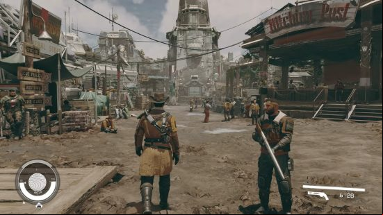 Starfield characters in space dressed as cowboys walking around in a futuristic western town