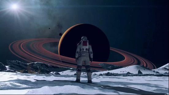 Starfield timeline: A member of the Constellation stands on a barren moon staring out at a ringed planet that looms before them.
