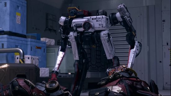 Starfield's VASCO in the middle of a pile of human corpses, standing in an unassuming manner after combat.