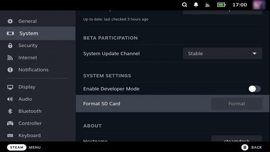 Screenshot of the system settings on the Steam Deck.