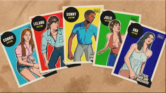 Texas Chain Saw Massacre victim tier list: Five Texas Chain Saw Massacre victims appearing on mock ups of trading cards.