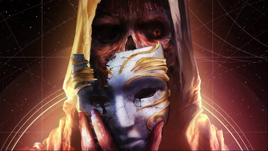 Torment: Tides of Numenera: A skeletal man with a hood on holding a masquerade mask on a gold and red celestial background