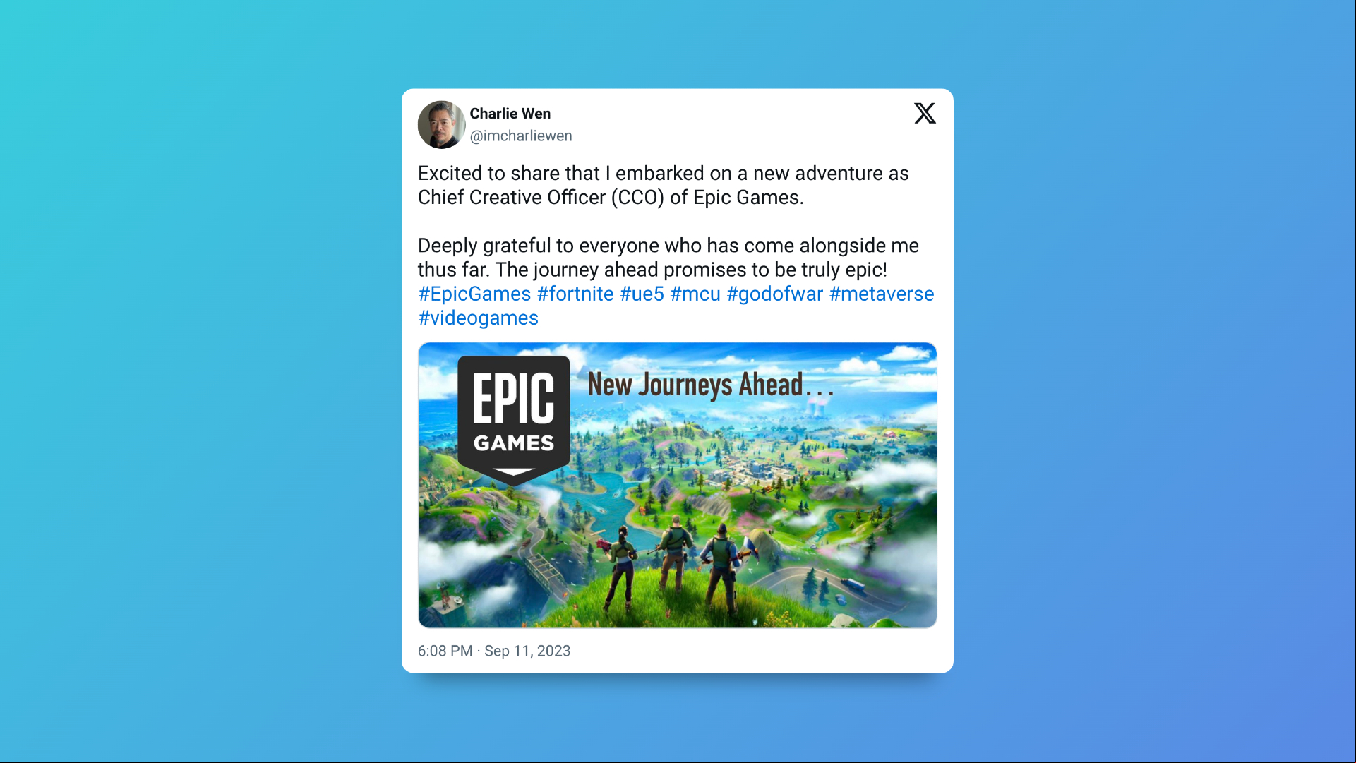 Charlie Wen's post detailing how he is ing Epic Games as the new CCO