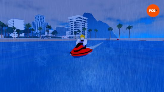 A man on a jetski in the rain, having accessorized with Berry Avenue codes to have pointy blonde hair and a lilac outfit.