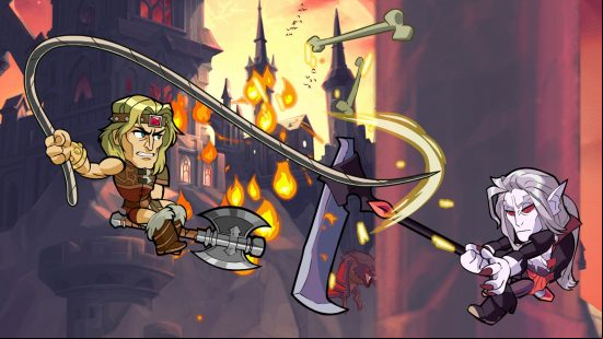 Best free PC games: Two cartoon-like characters wield weapons towards one another in Brawlhalla