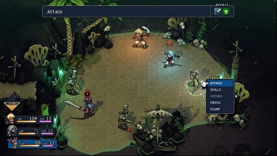 Valere, Zale, and Serai go head to head with undead pirate zombies on a haunted island in Sea of Stars, one of the best turn-based RPGs.