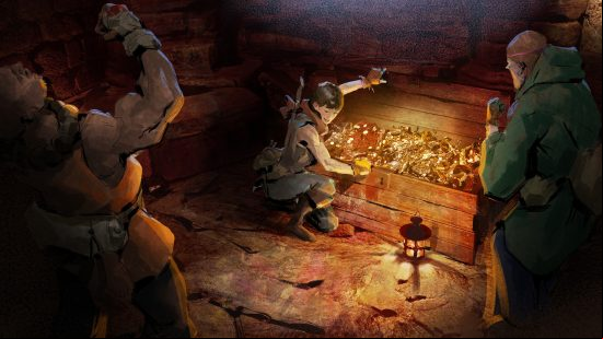 Dark and Darker hotfix patch notes - Three explorers ponder an open chest filled with treasures.