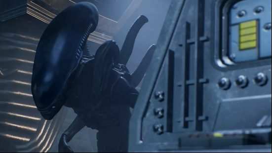 The Xenomorph peers round a corner in the Alien Chapter in Dead by Daylight.