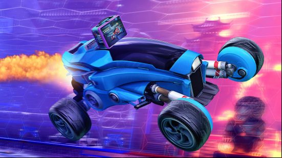 Best free PC games: a blue and black Rocket League car races across a purple and red background
